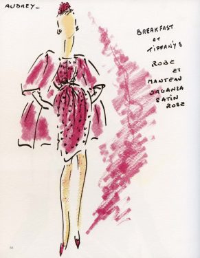 Tekening door Hubert de Givenchy, van Audrey Hepburn, gekleed in ensemble gedragen in ‘Breakfast in Tiffany’s’ (1961), Courtesy Hubert de Givenchy