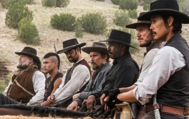 (l to r) Vincent D'Onofrio, Martin Sensmeier, Manuel Garcia-Rulfo, Ethan Hawke, Denzel Washington, Chris Pratt and Byung-hun Lee star in Columbia Pictures' THE MAGNIFICENT SEVEN.